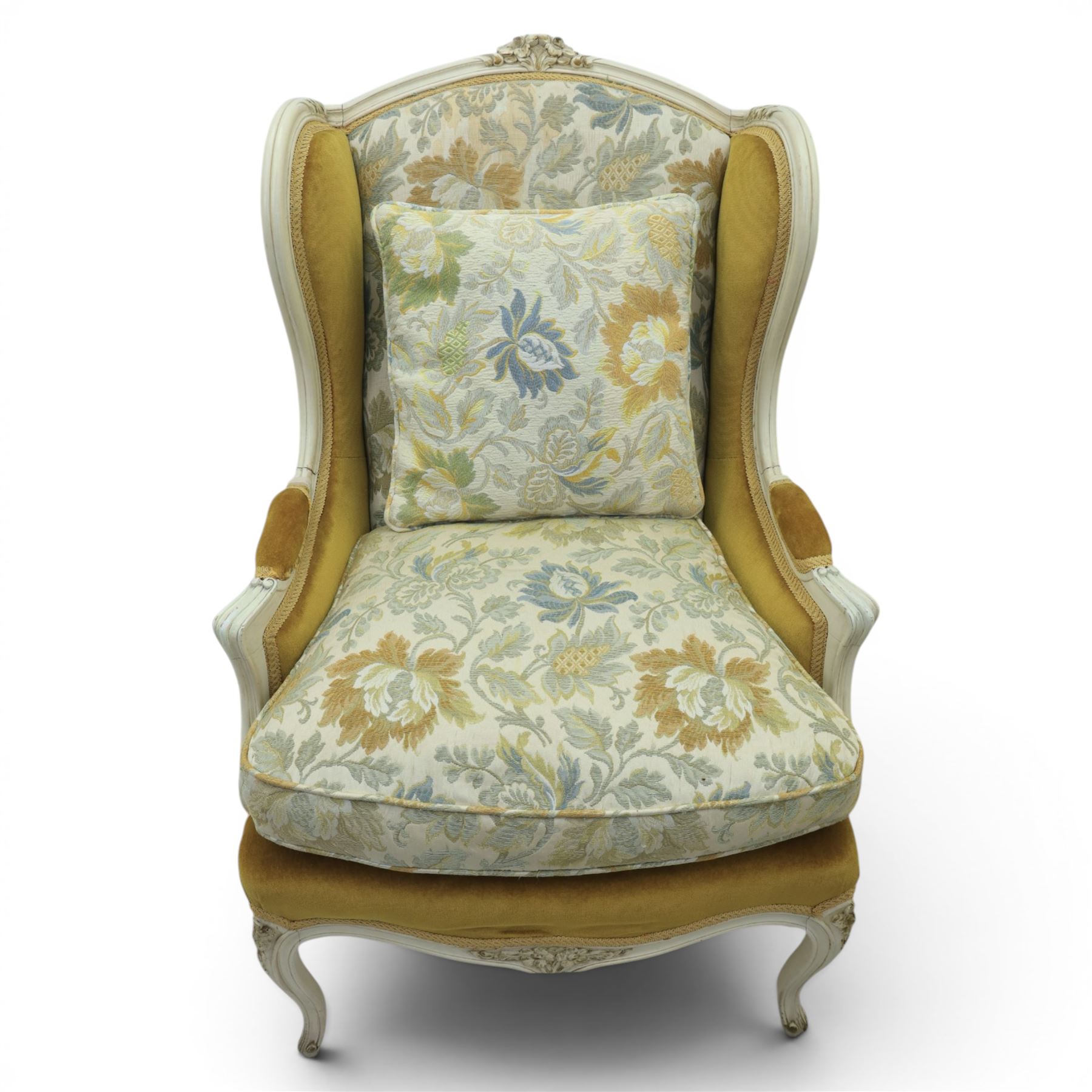 Pair of Louis the XV design white painted armchairs, upholstered in gold fabric with beige floral tapestry back and cushions