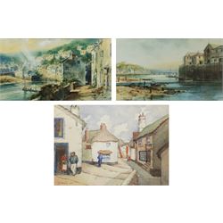 S Thompson (British 20th century): 'Polperro' and 'Looe' Cornwall, pair watercolours signed titled and dated '71, 22cm x 38cm; Margaret Crowther (British early 20th century): 'Clovelly', watercolour signed titled and dated 1937 32cm x 45cm (3)