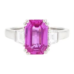 Platinum unheated pink sapphire and diamond three stone ring, emerald cut unheated sapphir...