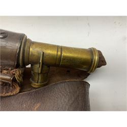 Victorian leather and brass shoulder shot flask inscribed Dixon & Sons patent; G. & J.W. Hawksley plain steel and brass powder flask; and leather cartridge belt (3)