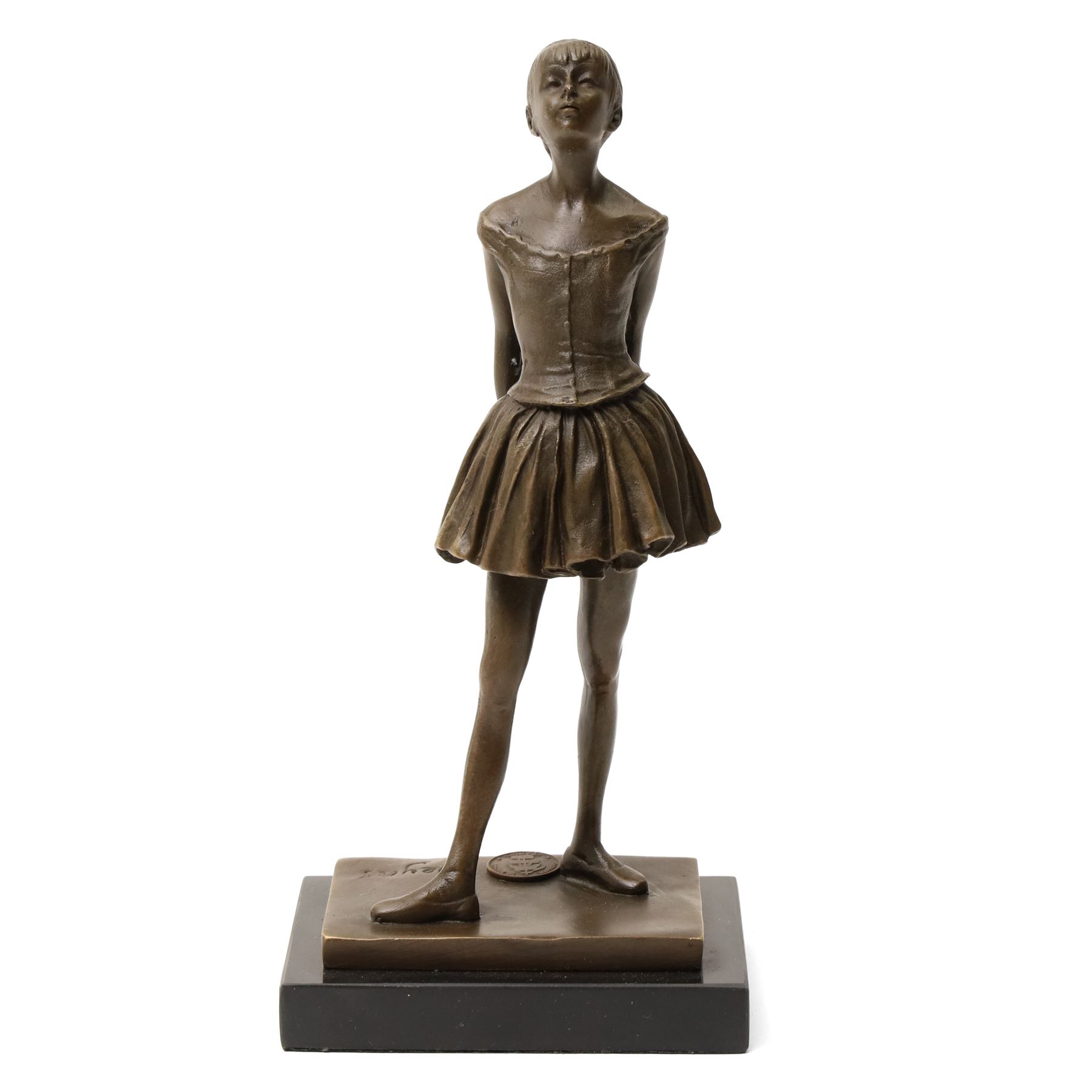 After Edgar Degas (French 1834-1917): La Petite Danseuse de Quatorze Ans, small bronze figure modelled as a young female dancer, bearing signature and with foundry mark, raised upon a rectangular base, H18.5cm