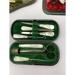 Three Victorian and later necessaires, with mother of pearl or bone handled accessories, two examples with hallmarked silver thimbles, largest case L23.5cm.