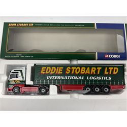 Corgi Eddie Stobart - three lorries; limited edition CC12802 Scania T-Cab Bulk Tipper; limited edition CC13201 DAF XF Super Space Cab Curtainside; and CC13401 MAN TGA Curtainside; all boxed (3)