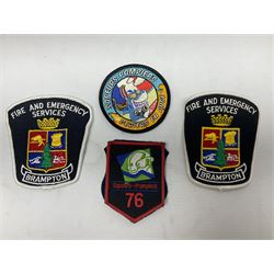 Mid 20th century French Ugeco Nantes first class dress navy blue uniform with ribbon bar with cap, and quantity of Sapeurs Pompiers patches, Sapeurs Pompiers de Caen belt buckle etc