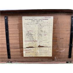 WW2 British Army RAMC 'Regimental Medical Pannier', well marked externally and dated 1941, stamped May 1943 internally, canvas covered wicker form with leather edges, hinged top and fall front with two rope carrying handles, fitted iron locking straps with securing chains; contains various unused field dressings and bandages with WW2 dates and two pillows; original label under lid L79cm