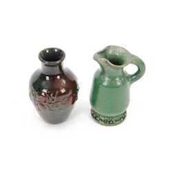 Elton ware slipware pottery vase with floral relief decoration, together with green and silver glaze jug