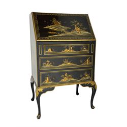 Early 20th century Chinoiserie lacquered bureau, raised gilt decoration, fall front enclosing divisions and drawer, three graduating long drawers, on cabriole supports