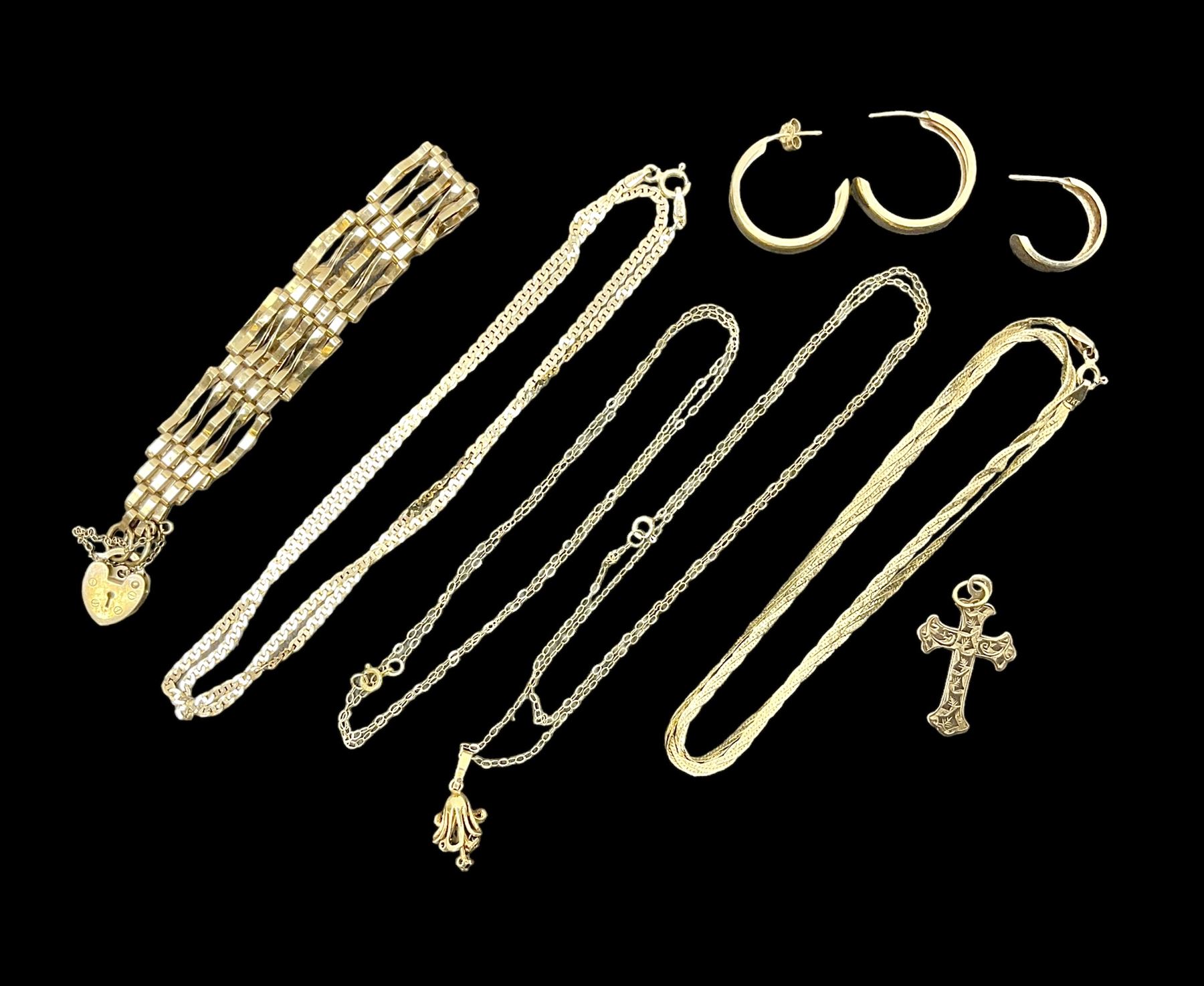 9ct gold jewellery, including gate bracelet, cross pendant, hoop earrings, two chain necklaces and a sapphire pendant necklace