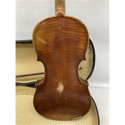 German copy of a Maggini violin c1900 with 35.5cm two-piece maple back and ribs and spruce top, bears label 'Maggini Deutsche Arbeit 1866' L59cm; in carrying case with bow