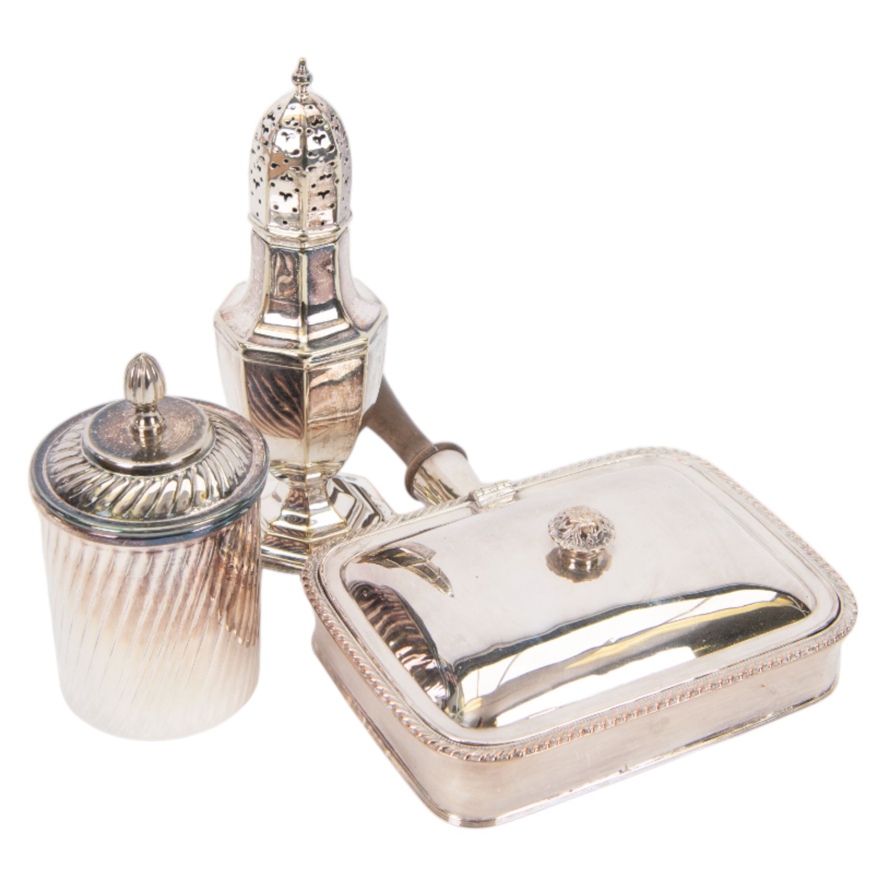 Silver plated silent butler, together with serving tray, Walker and Hall hot water jug, butter dish etc 