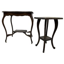 Early 20th century carved stained beech side table, cabriole supports united by undertier (W68cm H73cm); with another smaller (H62cm)