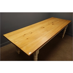  Large rectangular pine farmhouse style kitchen table, with turned supports, ivory paint finish, W91cm, H77cm, L244cm  