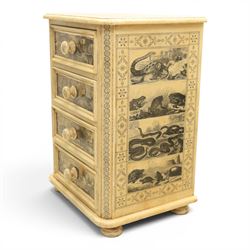 Traditional design cream painted lacquered pedestal chest, rounded moulded top over four short drawers, the drawer fronts decorated with monochrome printed animal scenes, conforming foliate and geometric borders to the top and sides, turned handles, on bun feet