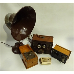  British Thomson-Houston white metal and bakelite horn speaker H56cm with BTH walnut and bakelite cased receiver, and two crystal type receivers, one in oak case marked Prento (4)  
