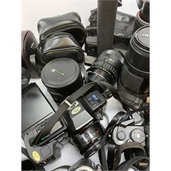 Vintage cameras lenses and accessories including Olympus 'OM10' camera body, Olympus 'OM4' camera, 'Olympus OM-System Zuiko auto-zoom 35-70mm 1:4' lens, various other lenses, tasco binoculars etc, in one box