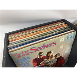 Large quantity of vinyl LPs, predominantly rock and pop, to include Elvis, Elton John, The Kinks, Deep Purple, Eurythmics, Whitney Houston, Phil Collins, Rolling Stones etc, in three boxes, together with quantity of 45 rpm records, Steepletone SRP1R-11 record player and record carry case