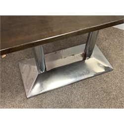 Two rectangular top café bistro tables on polished metal bases, 92cm x 68cm, H75cm