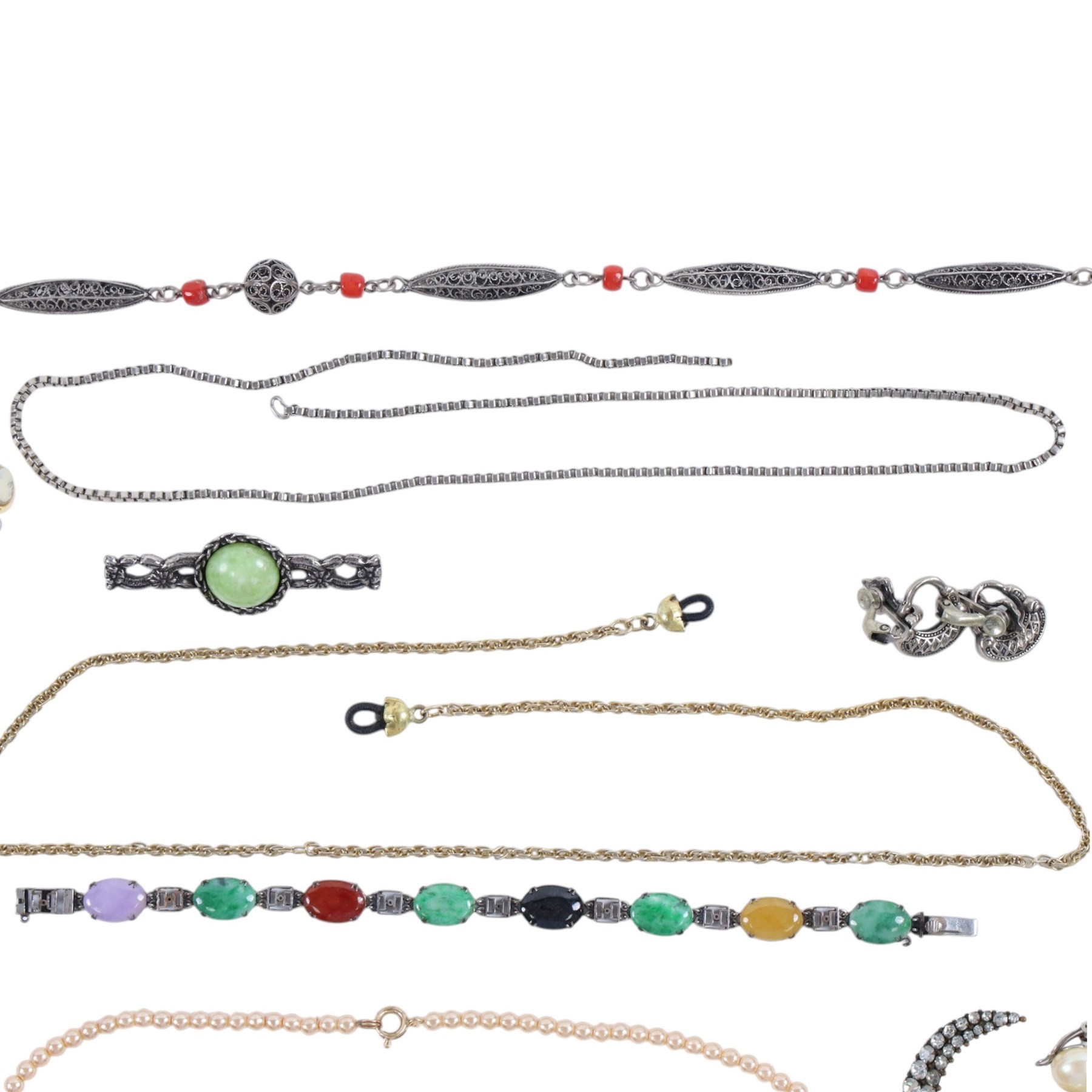 Silver paste cocktail watch, silver mounted Scottish hardstone bracelet links, Rotary wristwatch and other costume jewellery