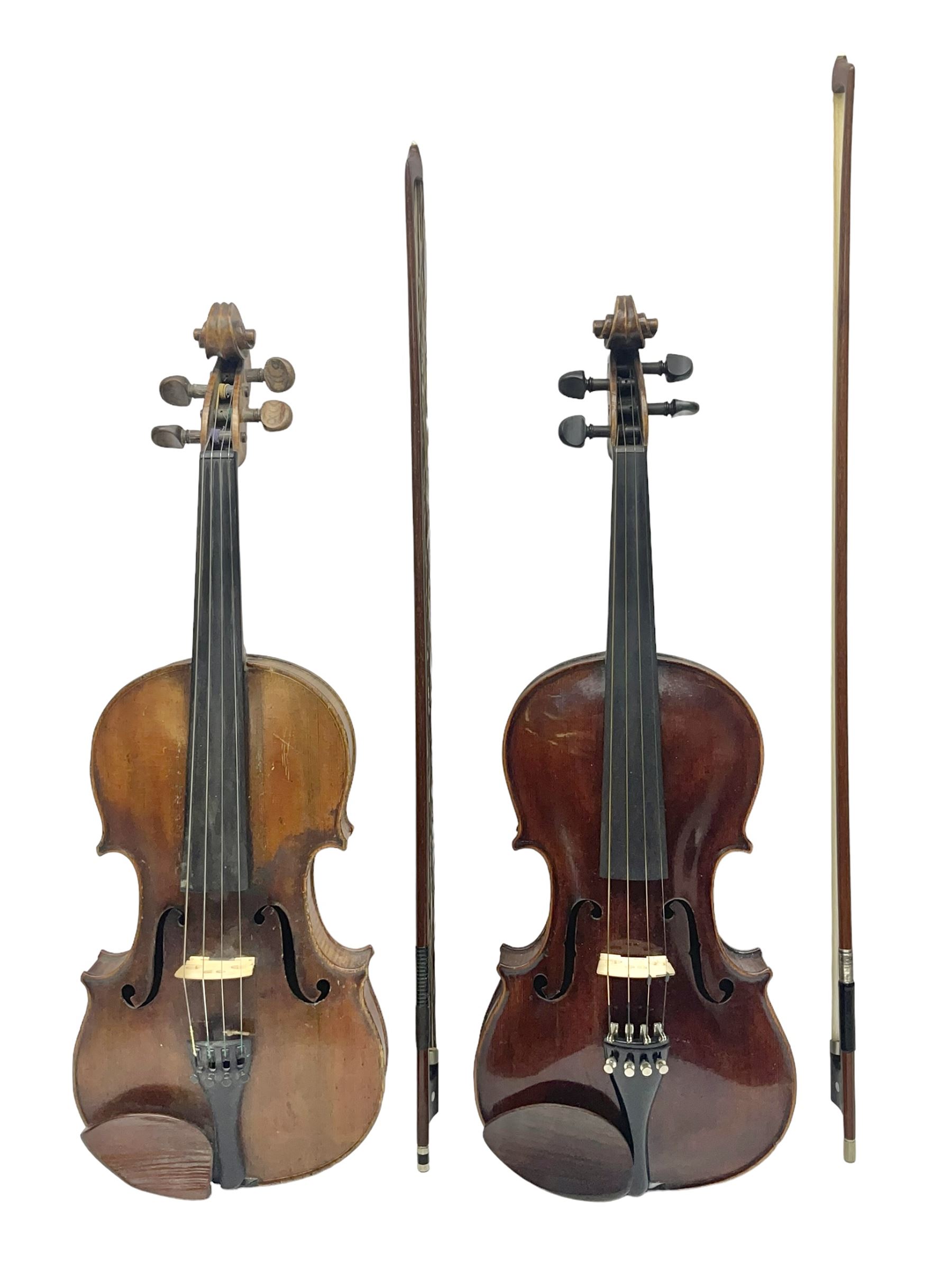 German trade violin in the Steiner style c1900 with 35.5cm two-piece maple back and ribs and spruce top L59cm overall; in fitted carrying case with two bows; and a Saxony violin with 35.5cm one-piece maple back and ribs and spruce top L58.5cm overall (2)