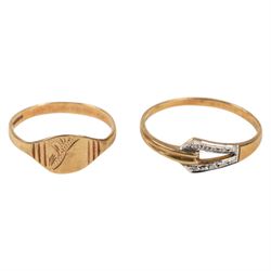 Two 9ct gold rings, both hallmarked, two 9ct gold and silver rings and a costume ring