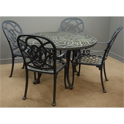  Black finish circular wrought metal garden table with four matching armchairs, D125cm, H74cm  