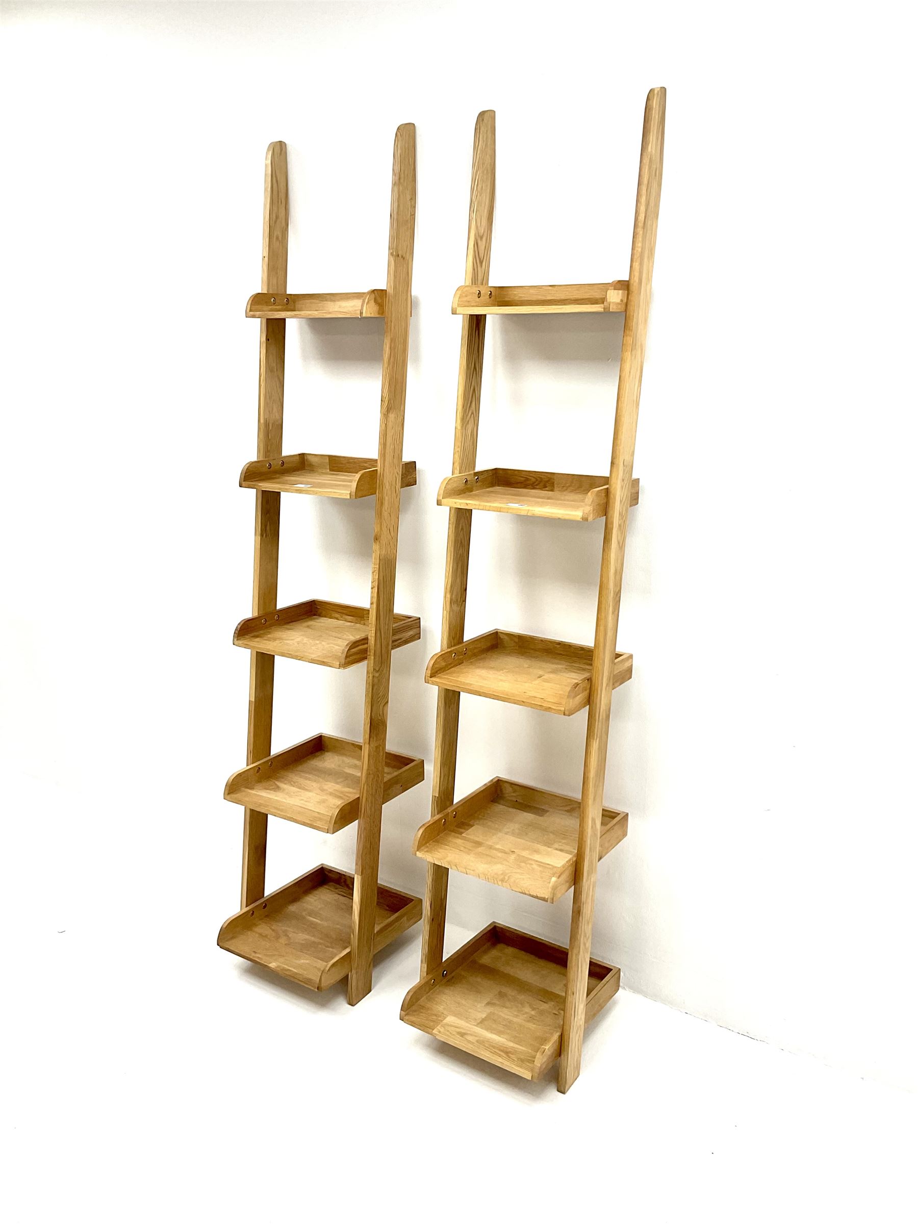 Futon company oak narrow leaning ladder shelves, five tier shelving unit 