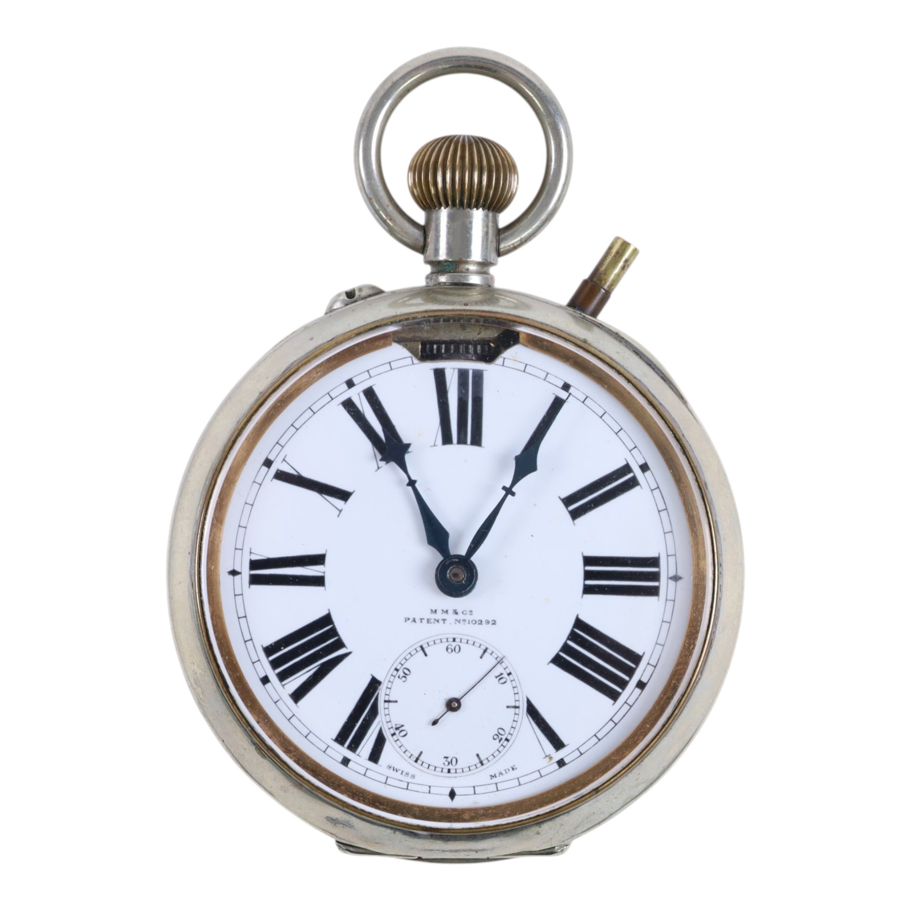 Early 20th century goliath keyless Swiss lever pocket watch by M M & Co, patent No. 10292, with light attachment, white enamel dial with Arabic numerals and subsidiary seconds dial, case No. 3202718