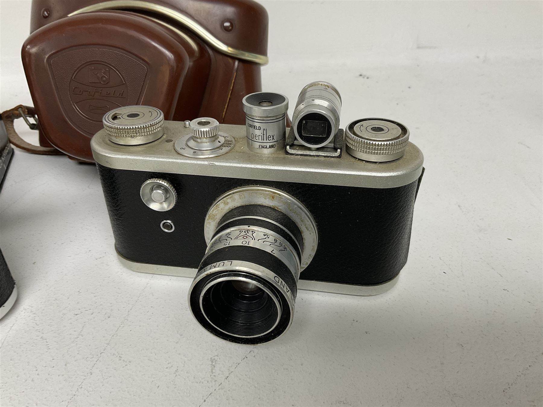 Corfield Periflex I 35mm periscope camera body,  with 'Corfield Lumar-X 1:3,5/50' lens, and Corfield Interplan-B camera body, serial no. 9111482 in original box, and with ready case