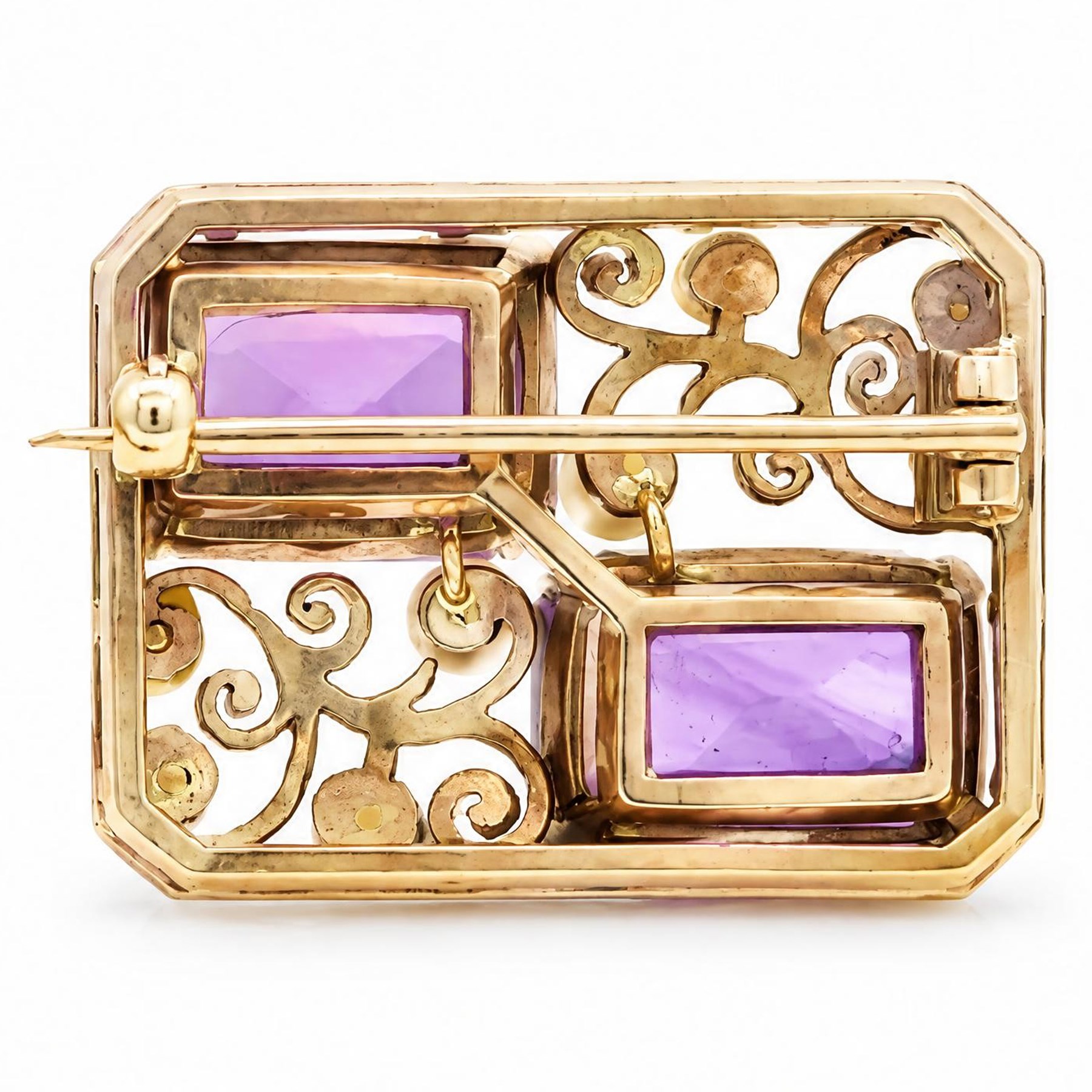 9ct gold amethyst and pearl brooch, pierced design set with two octagonal cut amethysts and eight cultured pearls