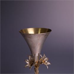 Modern limited edition silver goblet, 'made by order the provost and charter of Blackburn to commemorate the fiftieth anniversary of the cathedral in 1976 and its consecration in 1977' designed by Hector Miller for Aurum, the plain fluted cup, upon a stem of three lillies with parcel gilt highlihts and upon a circular foot, no. 2/750, hallmarked Hector Miller, London 1977, H17cm, boxed with certificate of authenticity