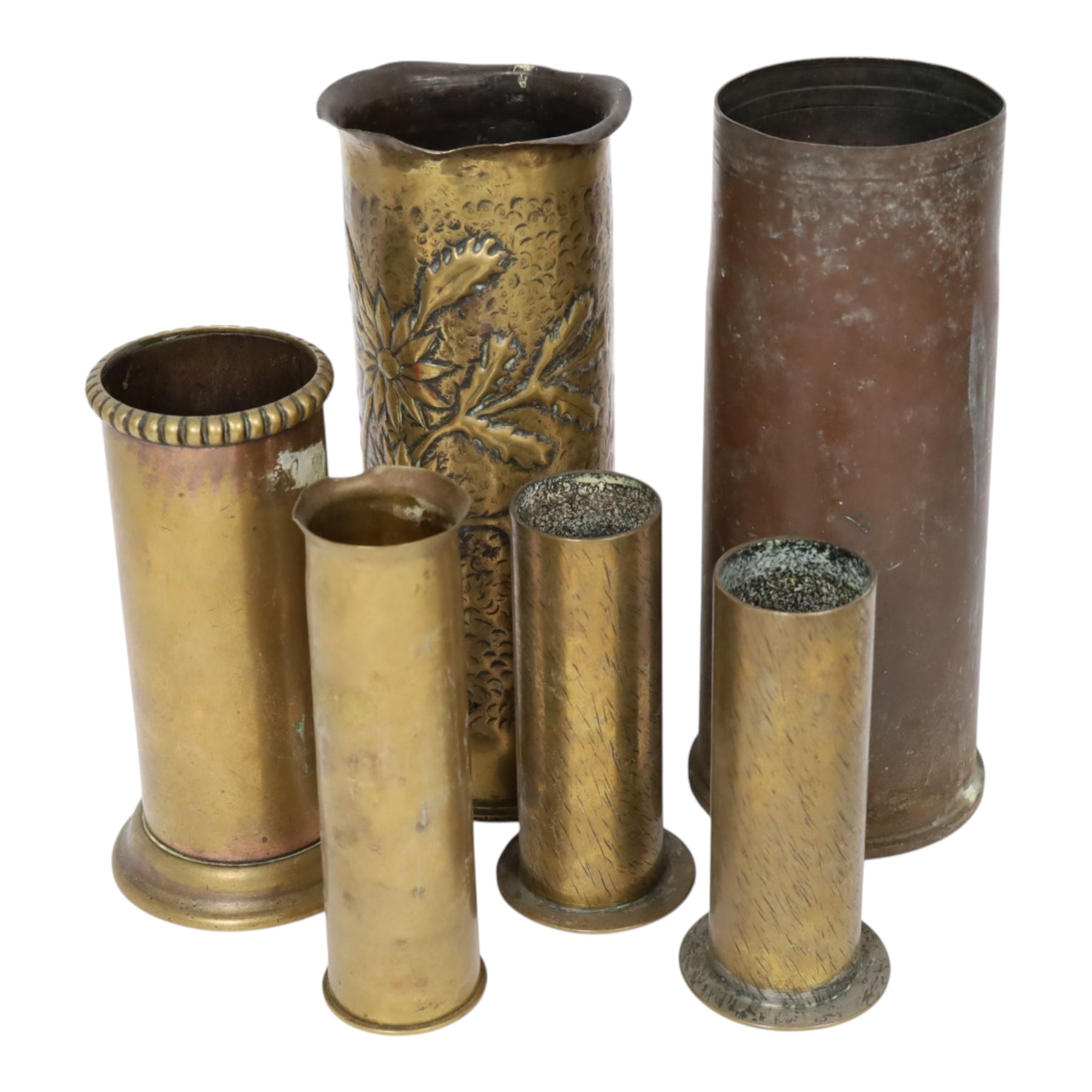 Eleven tench art shell case vases, including examples decorated in relief, with flowers, largest H30cm