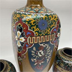 Pair of Japanese cloisonne Koro, decorated with colourful flower head motifs and raised on three feet, missing covers, together with a cloisonne vase, vase H30cm