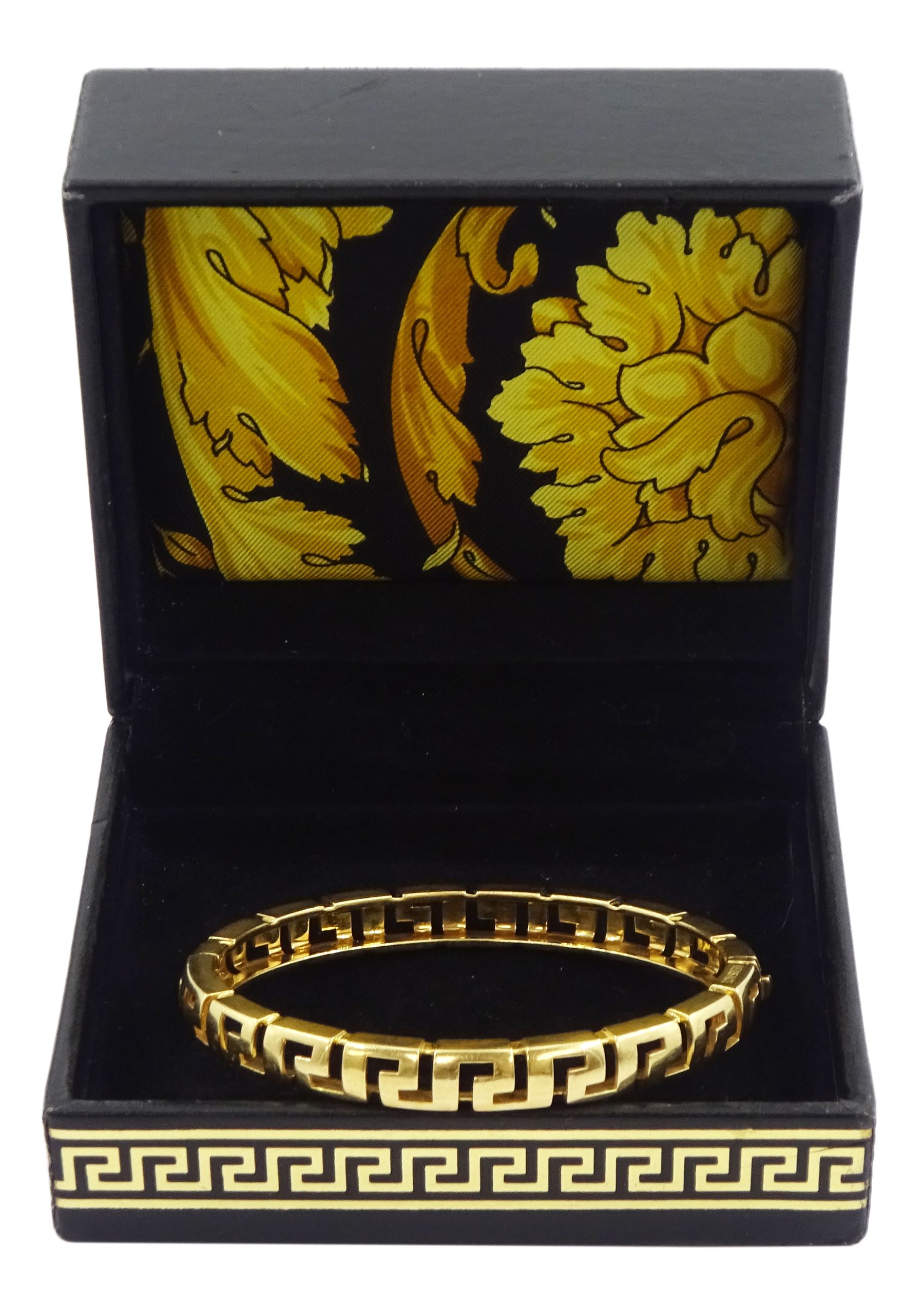 Versace 18ct gold Greek key design Greca bangle, Birmingham assay mark, in original box