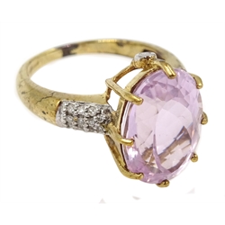 9ct gold oval kunzite ring with diamond set shoulders and gallery,  hallmarked