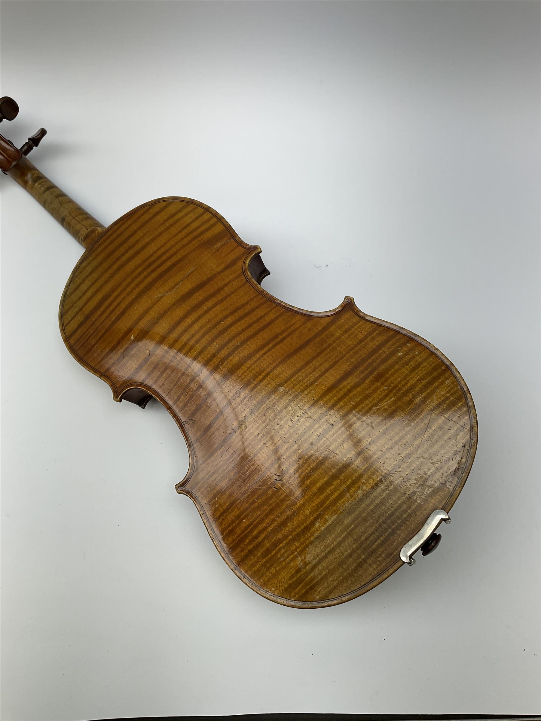 French Mirecourt violin c1920s with 36cm one-piece maple back and ribs and spruce top, labelled Jermone Thibouville-Lamy, L59cm, in fitted carrying case with German bow and 1984 valuation certificate by Frome Valley Music