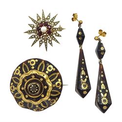 Pair of Victorian 9ct gold tortoise shell and pique pendant earrings, similar brooch and a later 9ct gold garnet and seed pearl star brooch, London 1965