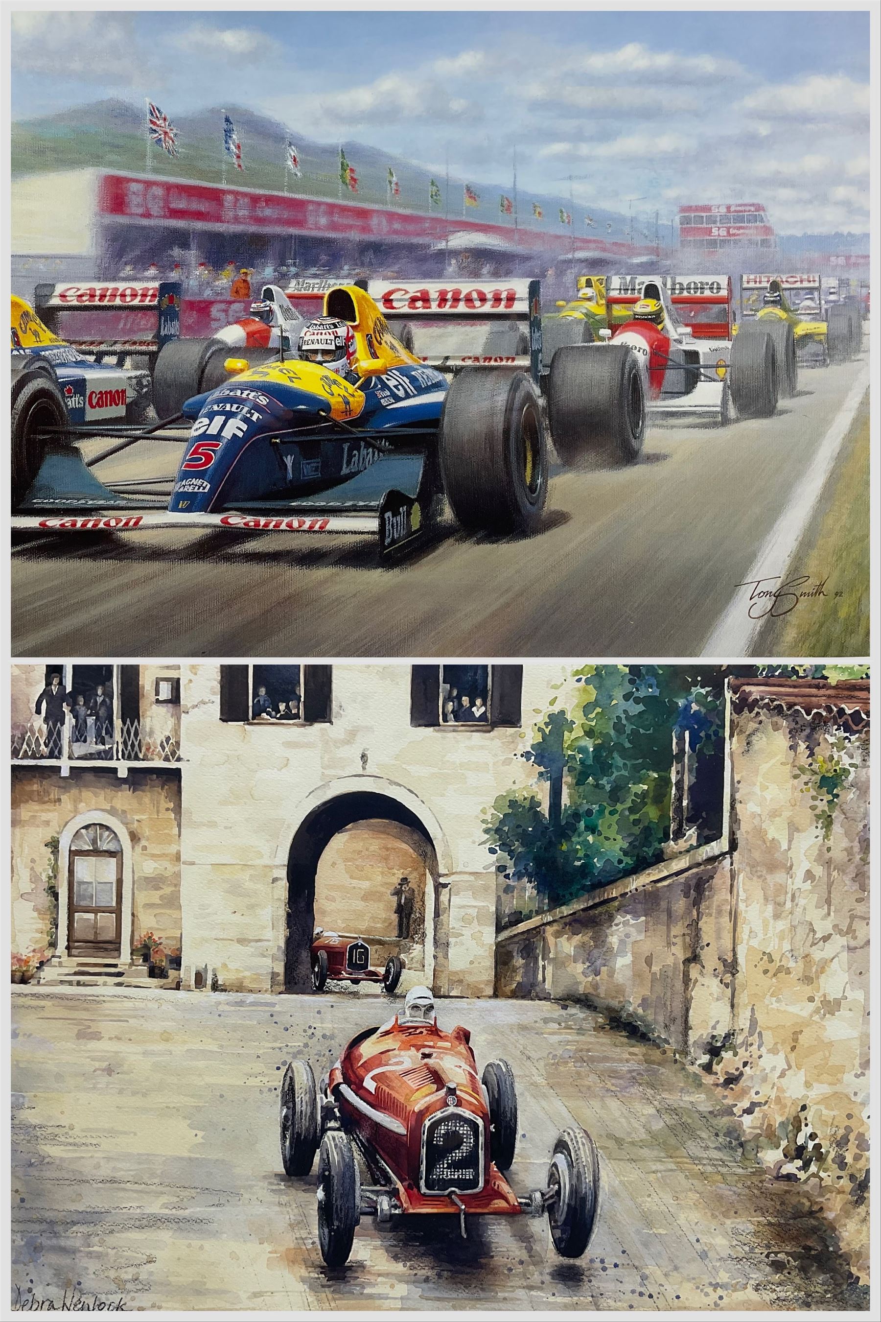 Tony Smith (British 20th century): 'Il Leone - World Champion', limited edition print signed and numbered in pencil 43cm x 69cm; Debra Wenlock (British Contemporary): Racing Scene, watercolour signed 42cm x 50cm (2)