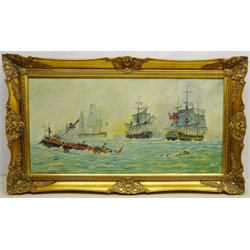  Malcolm Herbert (British 20th century): Battle in the Med circa 1793', oil on canvas signed and dated 1981, titled verso on artists label 45cm x 90cm   