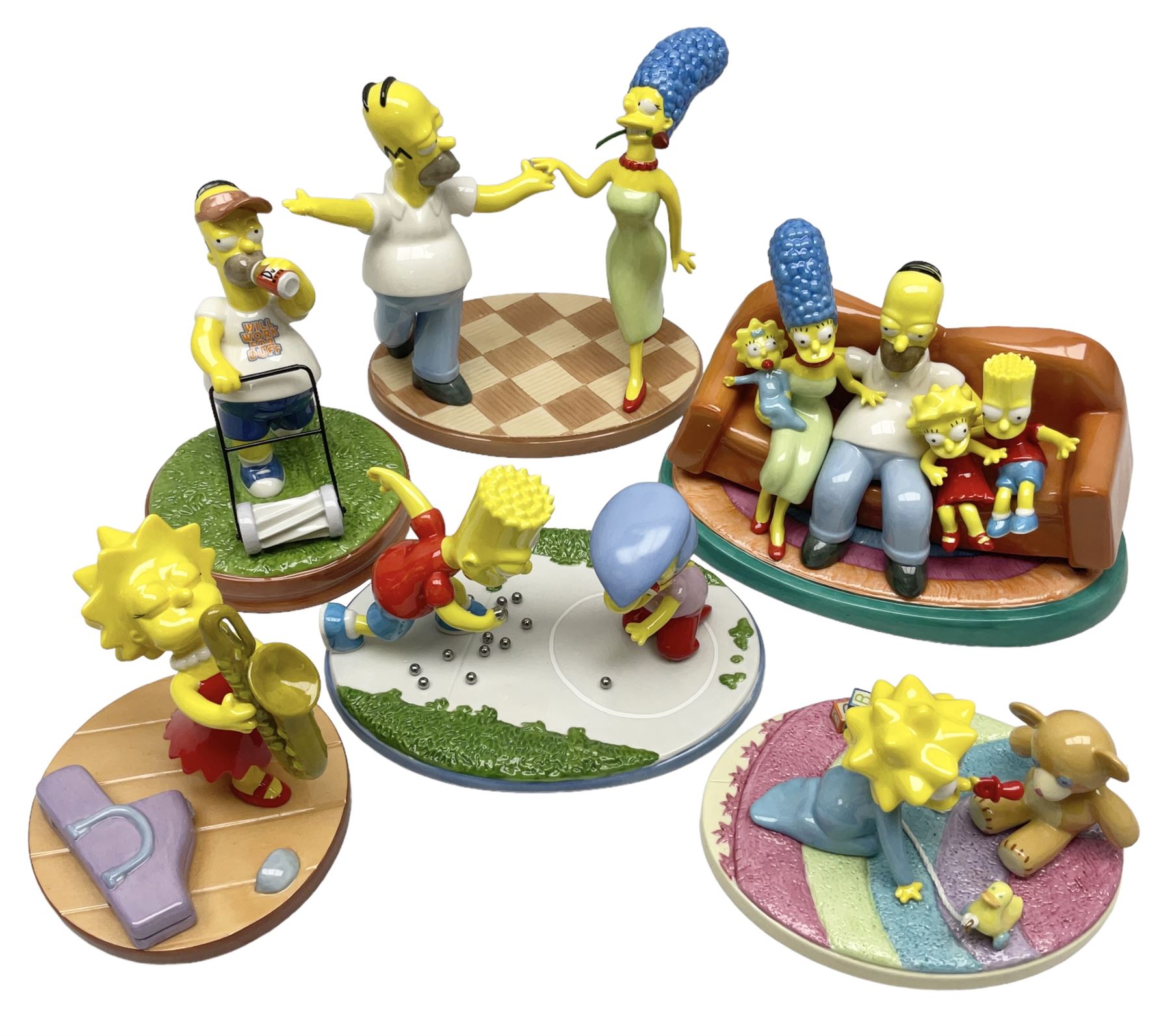 Six Coalport The Simpsons character figures, comprising limited edition 'The Family That Sits Together Fits Together' annual 2005, TS01 Two to Tango, The Gift of Maggie, Will Work For Duff, Yellow Girl Blues and Losing His Marbles, all boxed