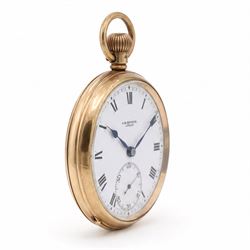 Early 20th century 9ct gold open face keyless lever pocket watch by J. W. Benson, London, white enamel dial with Roman numeral hour markers and subsidiary seconds dial, case by Dennison, Birmingham 1930