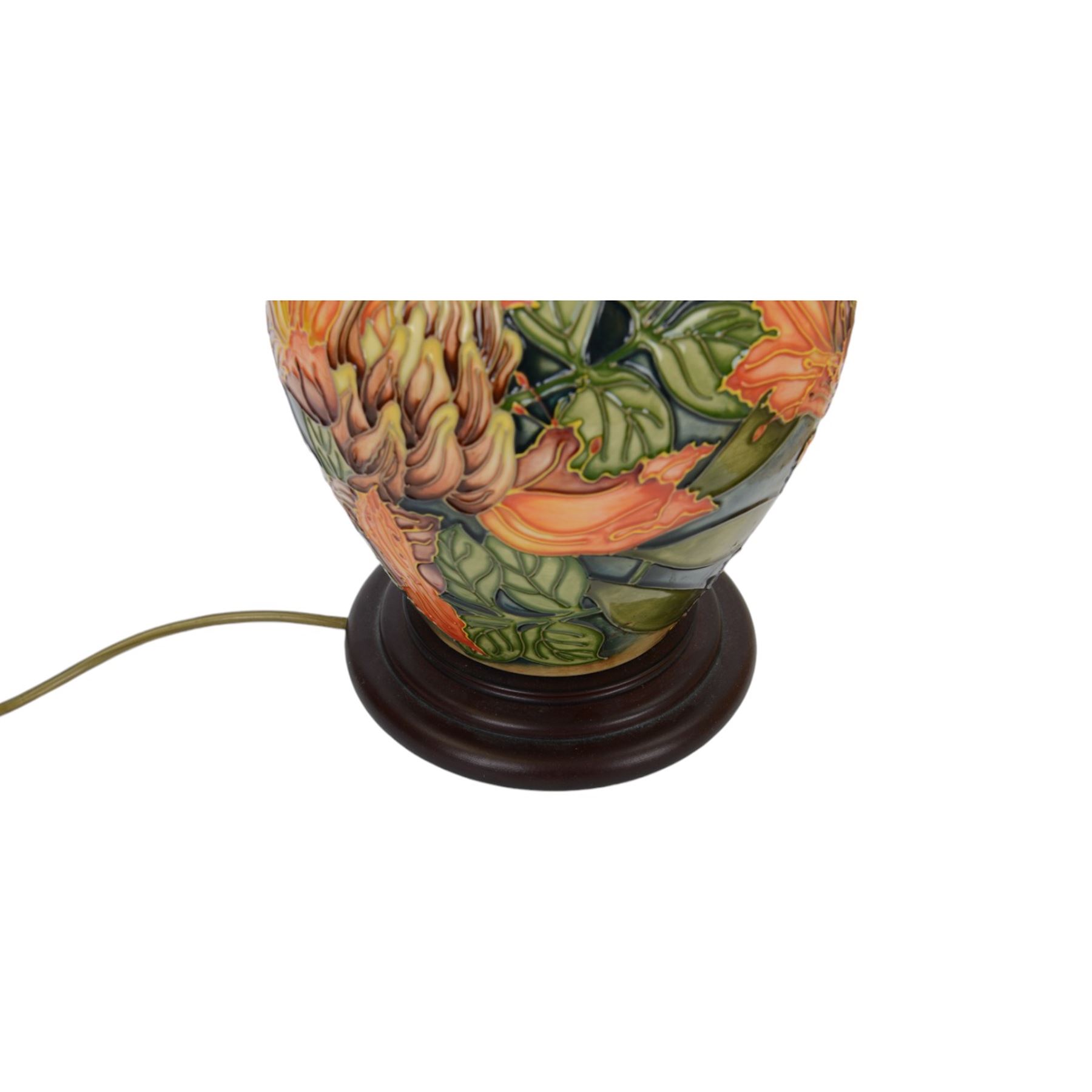 Moorcroft table lamp in Flame of the Forest pattern, of baluster form, on stepped wooden base, H35cm (excluding fitting)