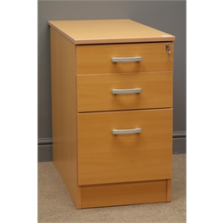  Beech filing cabinet, three lockable graduating drawers, W42cm, H72cm, D81cm  