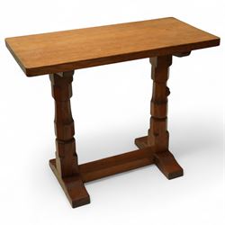 Mouseman - Oak 3' side table, circa 1950s, rectangular adzed top on twin pillar octagonal ...