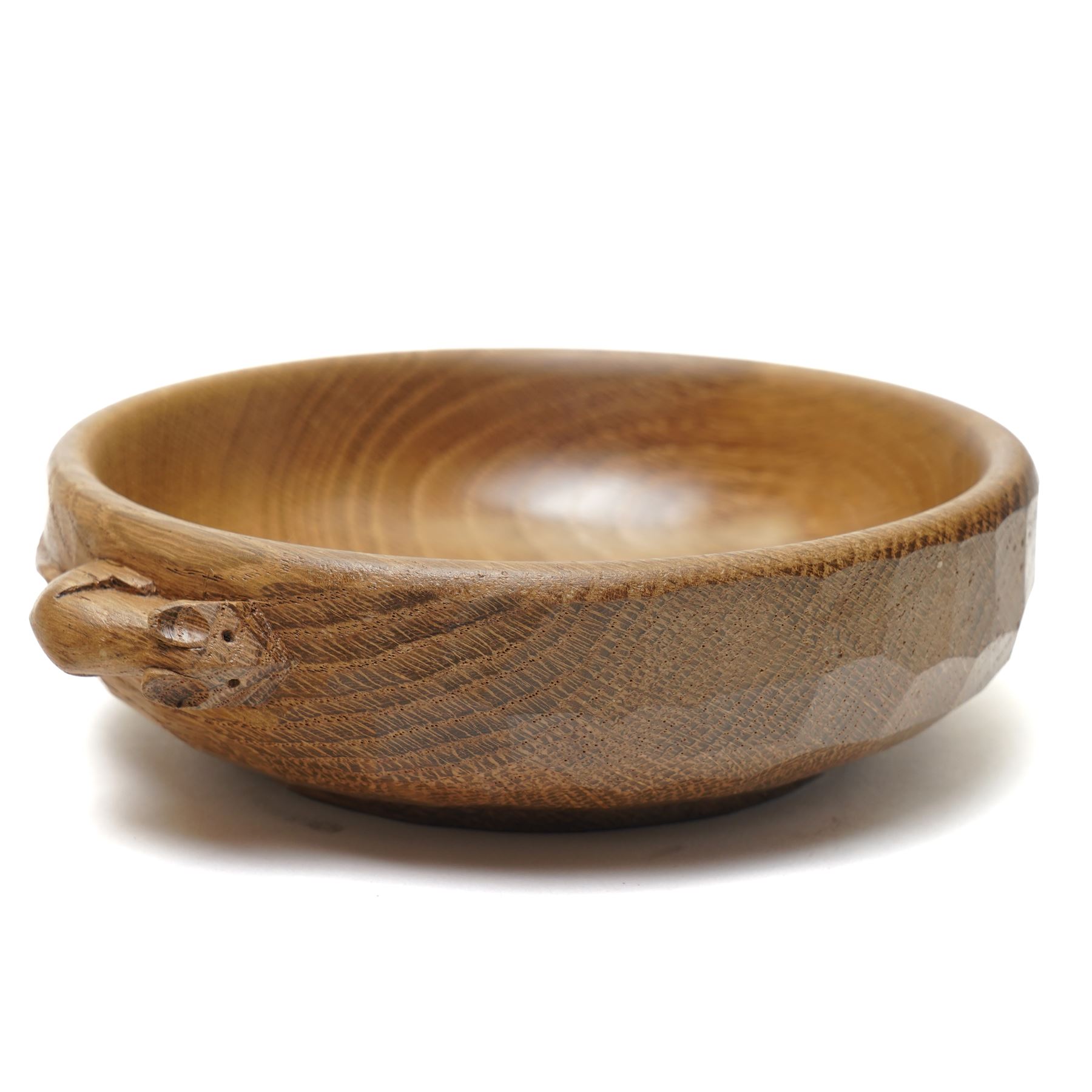 Mouseman - oak circular nut bowl with adzed exterior and carved mouse signature by the workshop of Robert Thompson, Kilburn