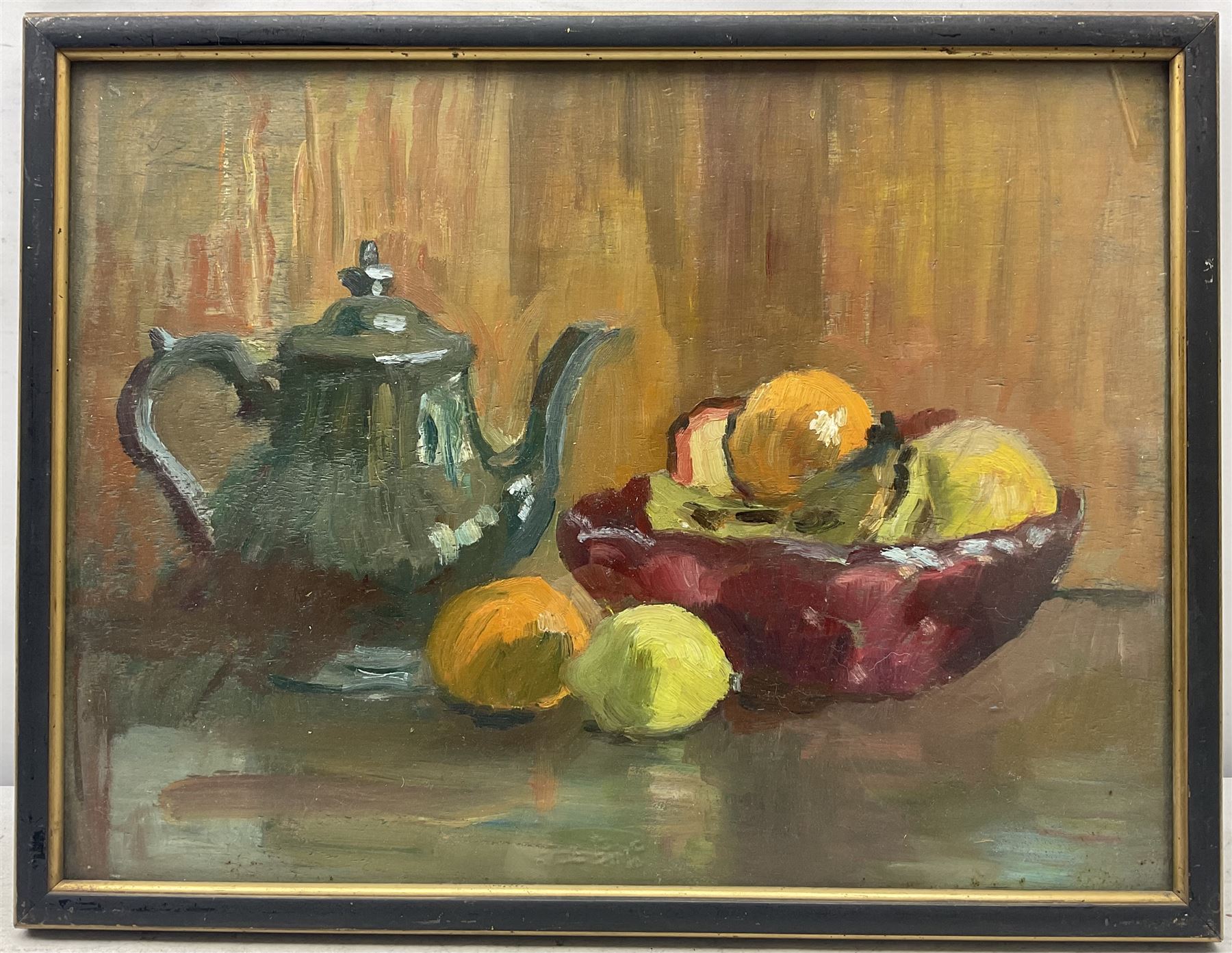 Faith Tresidder Sheppard (British 1920-2008): Still Life of Teapot and Fruit, oil on board inscribed with secondary still life verso 34cm x 45cm
