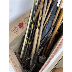 Large quantity of various walking sticks and canes, shooting sticks, fishing rods, umbrellas, etc including bamboo and shagreen style examples