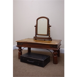  Victorian mahogany swing toilet mirror (W51cm, H56cm) an Eastern hardwood coffee table (W90cm, H40cm, D61cm), and ebonised wooden box (3)  
