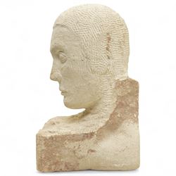 Modern carved limestone slab sculpture of the head of a man, H38cm 