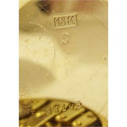 Early 20th century 18ct gold half hunter keyless lever fob watch, white enamel dial with Roman numerals, back case engraved with monogrammed initials, stamped 18K with Helvetia hallmarked