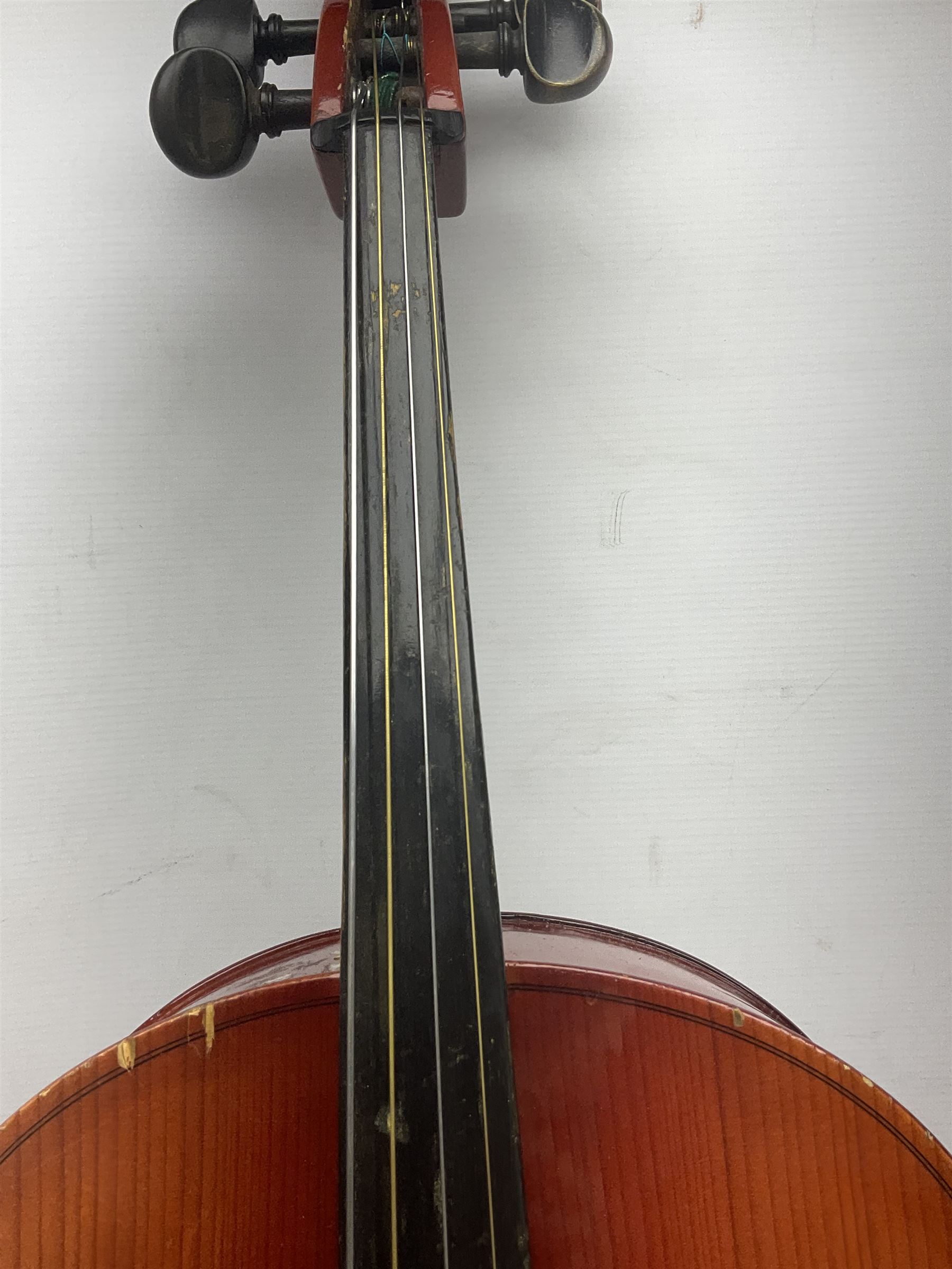 Two student half-size cellos - Boosey & Hawkes Artia with 65cm one-piece back and spruce top; bears maker's label; L104cm overall; and Romanian with 65.5cm two-piece maple back and ribs and spruce top; bears label; L108.5cm overall; each in soft carrying case with two bows (2)